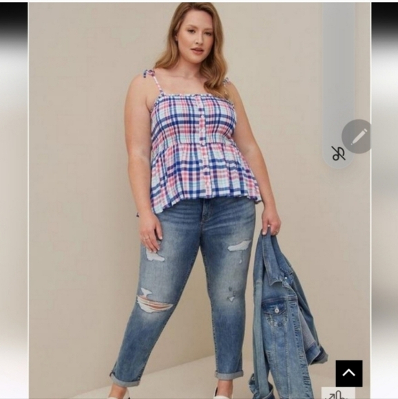 Nwot Torrid 2 Peplum Smocked Bodice Cami - Crinkle Gauze Plaid White - Picture 1 of 5